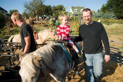 Father and child at a pumpkin patch pony ride near Portland OR